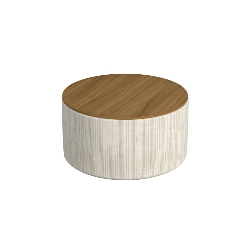 Jena Storage Ottoman, 30 Inch Round Lift Tray Top, Ivory Pinstripes