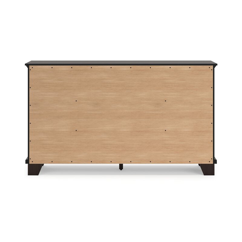 Teno Wide Dresser, 7 Drawers Nickel Handles, Dark Brown Solid Hardwood - Benzara