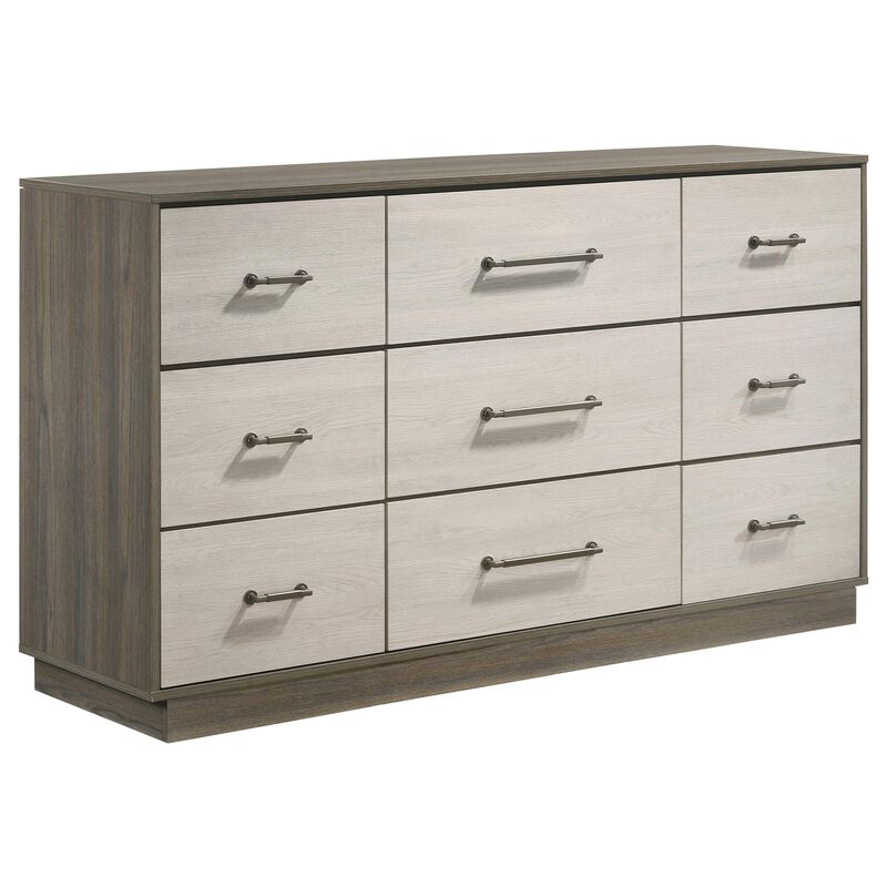 Fene Wide Dresser, 9 Storage Drawers with Nickel Bar Handles, Gray - Benzara