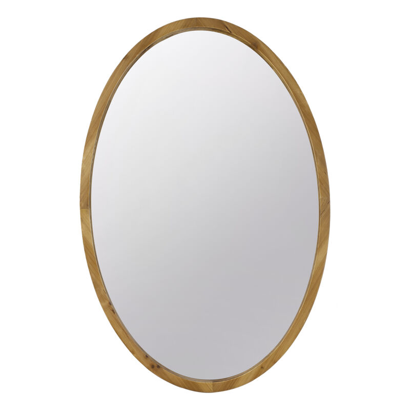 33 Inch Modern Accent Wall Mirror, Mountable Oval Wood Frame in Brown - Benzara