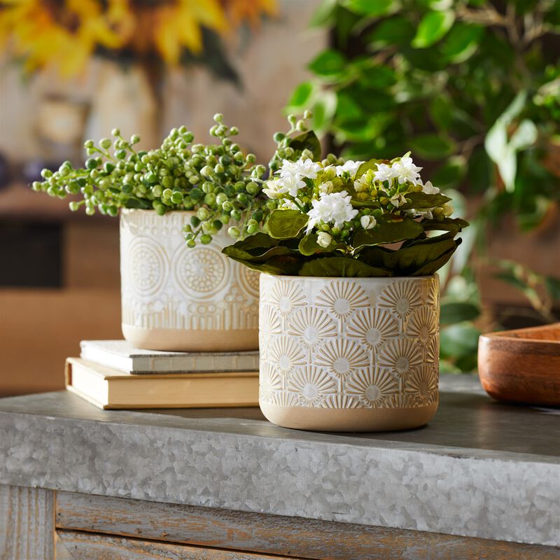 Set of 2 Porcelain Planters with Geometric Pattern for Indoor or Outdoor Decor