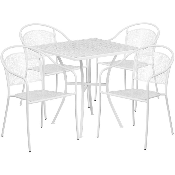 Flash Furniture Oia Commercial Grade 28" Square Coral Indoor-Outdoor Steel Patio Table Set with 4 Round Back Chairs