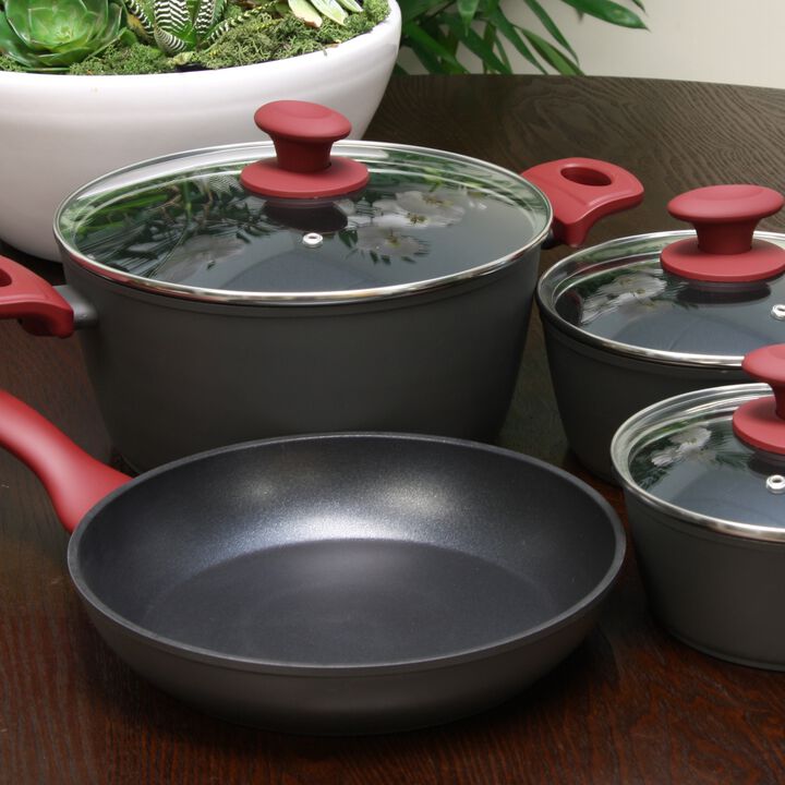 Gibson Home Marengo 7 piece Forged Aluminum Nonstick with Xylan Plus Interior Cookware Set with Red Handle and Matte Grey Exterior