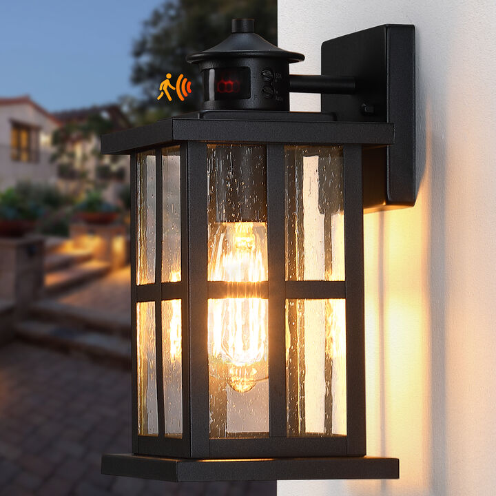 12 in. Motion Sensor Outdoor Wall Lantern with Dusk-to-Dawn and Raindrop Glass