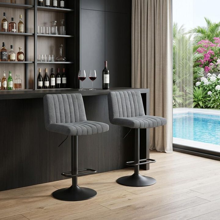 HomeRoots Set of Two Gray And Black Fabric And Metal Low Back Adjustable Height Bar Chairs