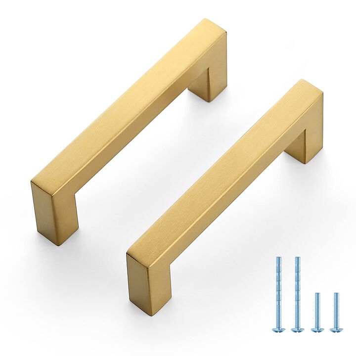 5 Pack Brushed Brass Cabinet Pulls, 4.25 Inch Cabinet Door Handles with 3.75 Inch Hole Center, Square Kitchen Hardware for Doors