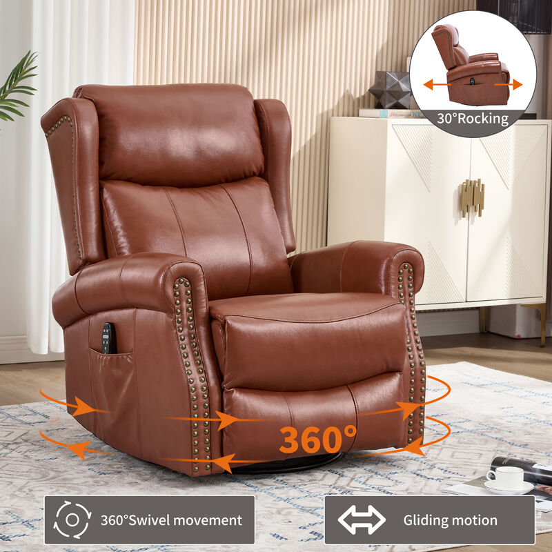 Genuine leather Heat Massage Manual Recliner Chair with Rocker and Swivel for Living Room image number 7