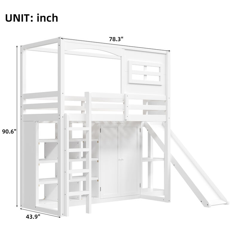 Merax Twin Size White Wooden House Loft Bed with Wardrobe, Storage Shelf image number 4