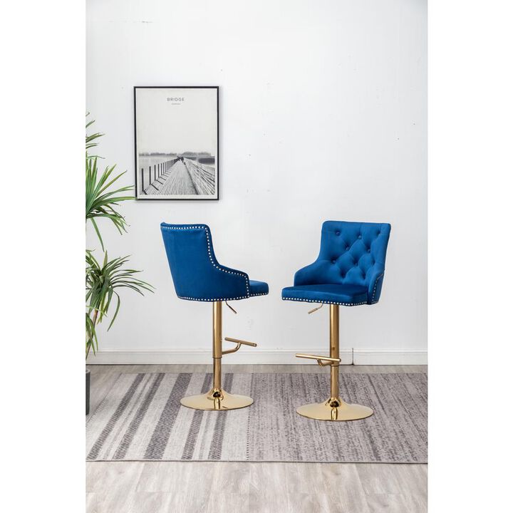 Brightcast 2-piece Velvet Tufted Gold Bar Stools in Blue