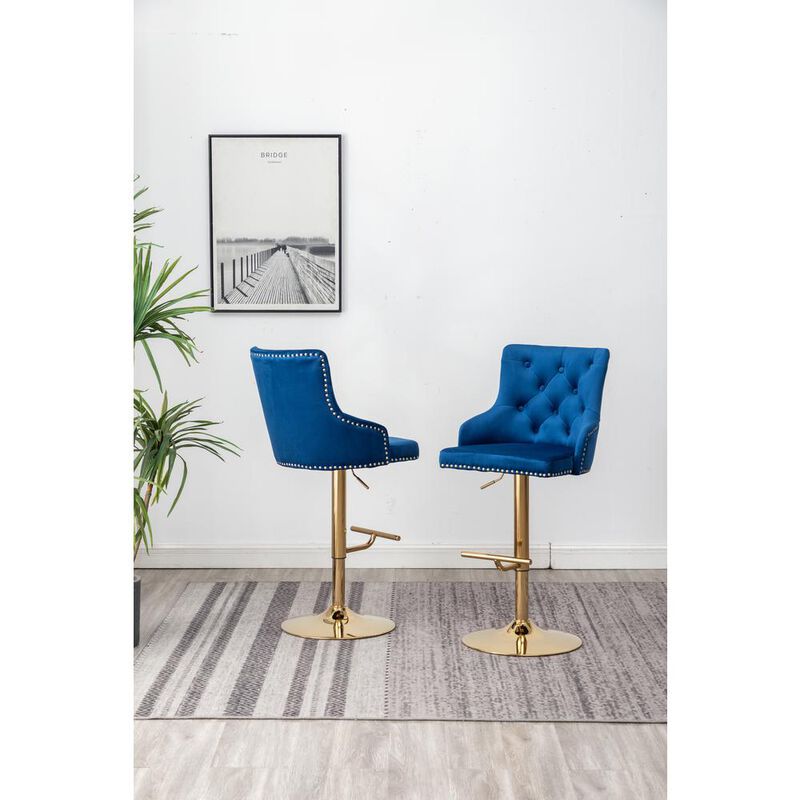 Brightcast 2-piece Velvet Tufted Gold Bar Stools in Blue