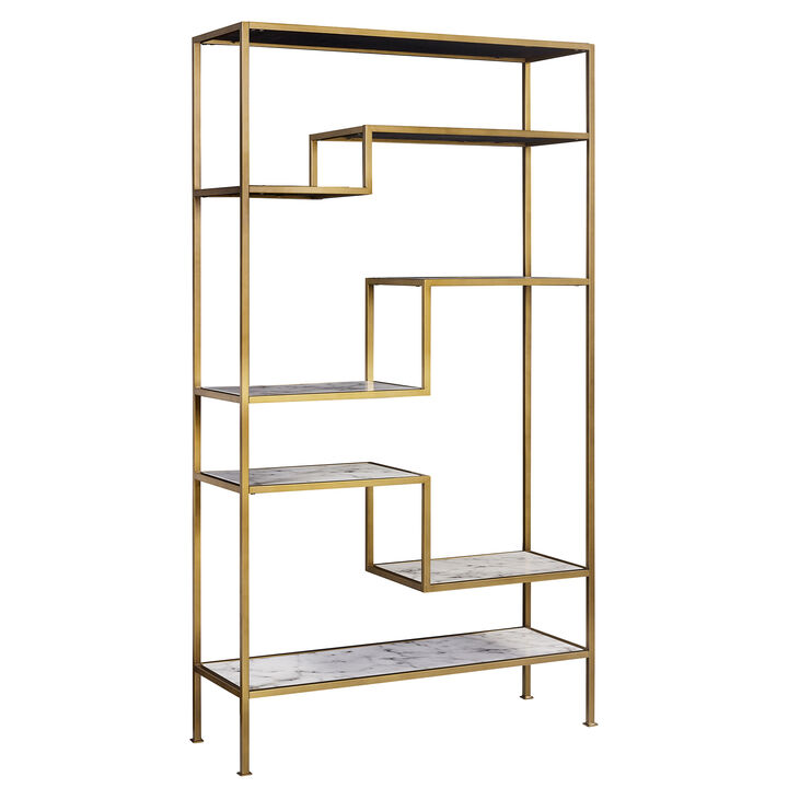 Marmo Modern Marble-Look 5-Tier Display Shelf, Marble/Brass
