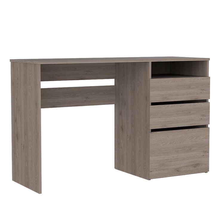 TUHOME Dublin Three Drawer Computer Desk, , One Shelf, Countertop Desk, Three Drawers, Light Grey, For Office