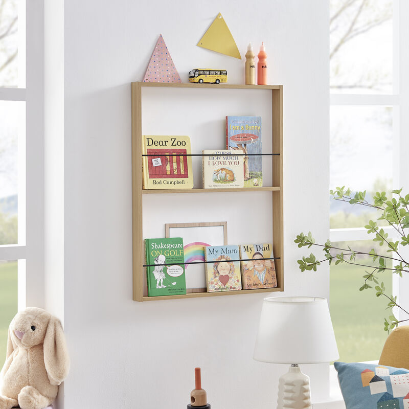 Steiner Beech Square Modern 2-Tier Kids Book or Toy Figure Display Unit Wall Mounted Bookshelf with Contrasting Black Rods
