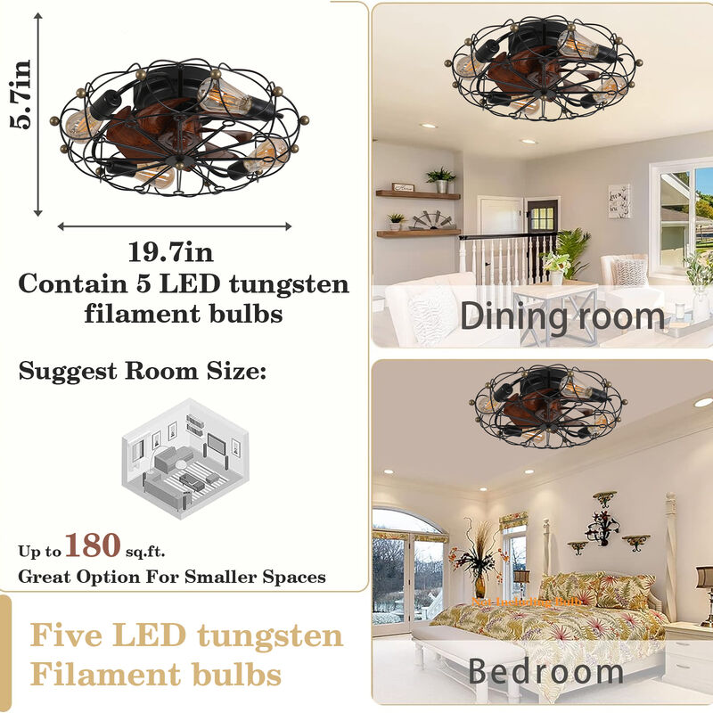 20" Low Profile Caged Ceiling Fan with Lights & Remote &ndash; Industrial Rustic Flush Mount Fan image number 2