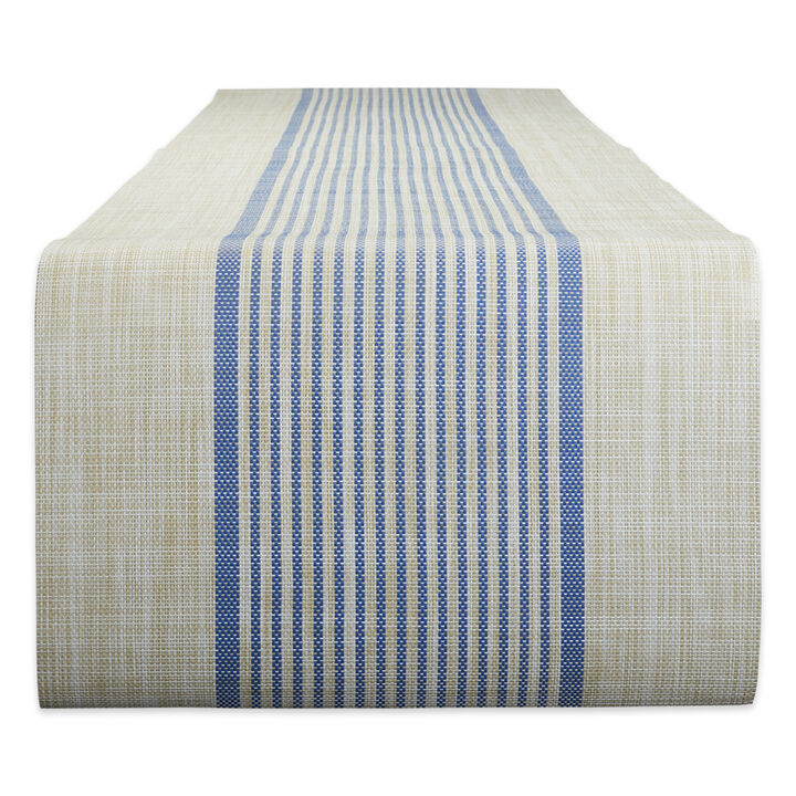14" x 72" French Blue and Beige Middle Stripe PVC Woven Table Runner
