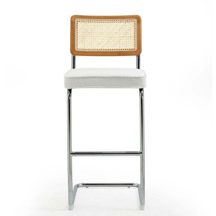 Glamour Home Set of 2 White Boucle Fabric Bar Stool Rattan Backrest and Silver Steel Legs