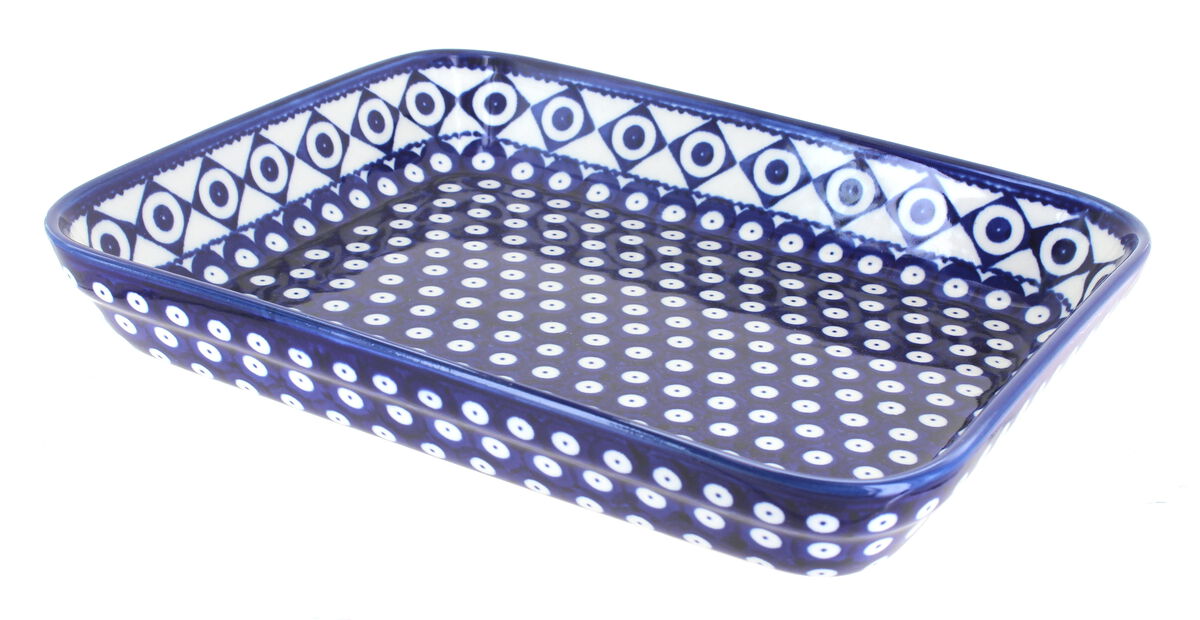 Blue Rose Polish Pottery Mosaic Flower Medium Rectangular Baker