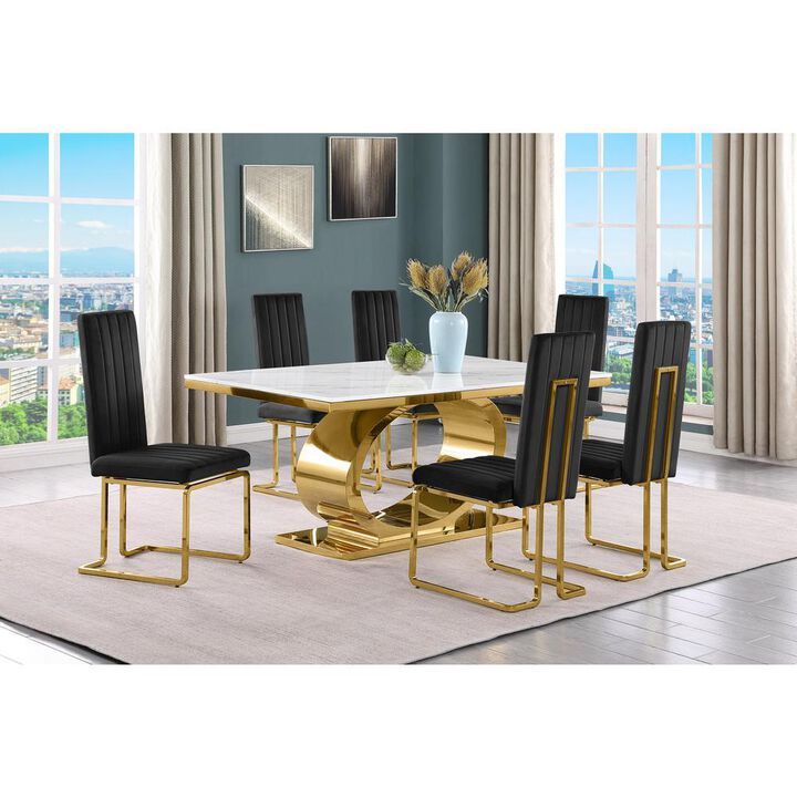 Best Quality Furniture 7pc Small(68) marble top dining set with gold base and 6 Black side chairs