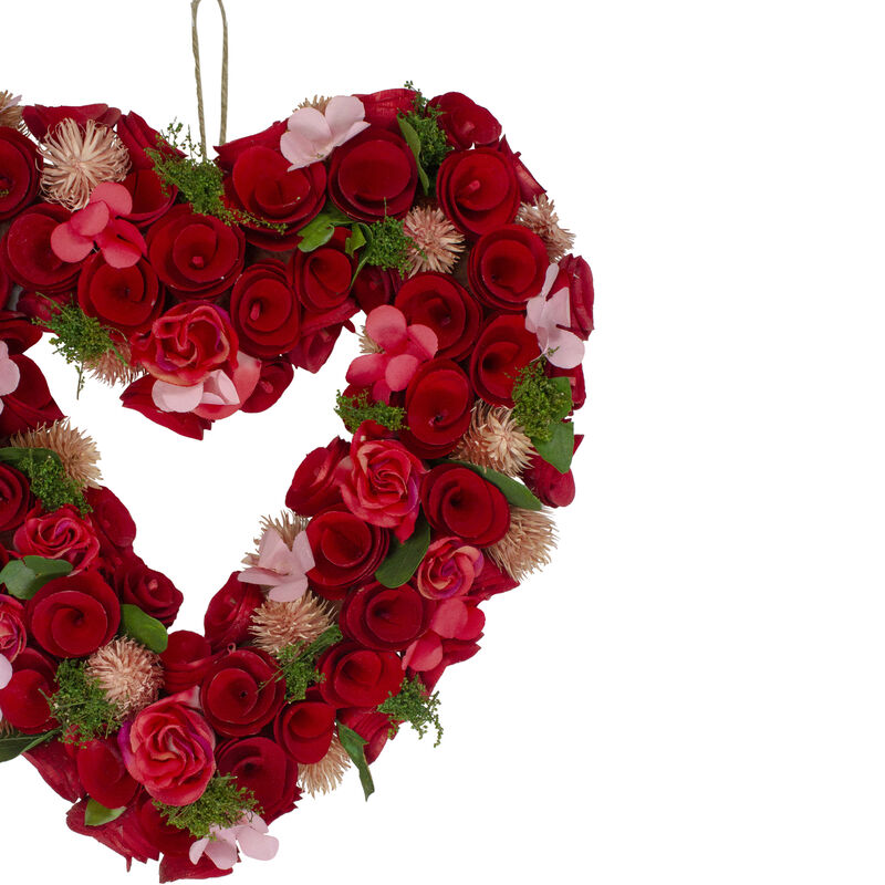 10" Red Wooden Rose Floral Heart Shaped Artificial Valentine's Day Wreath image number 2