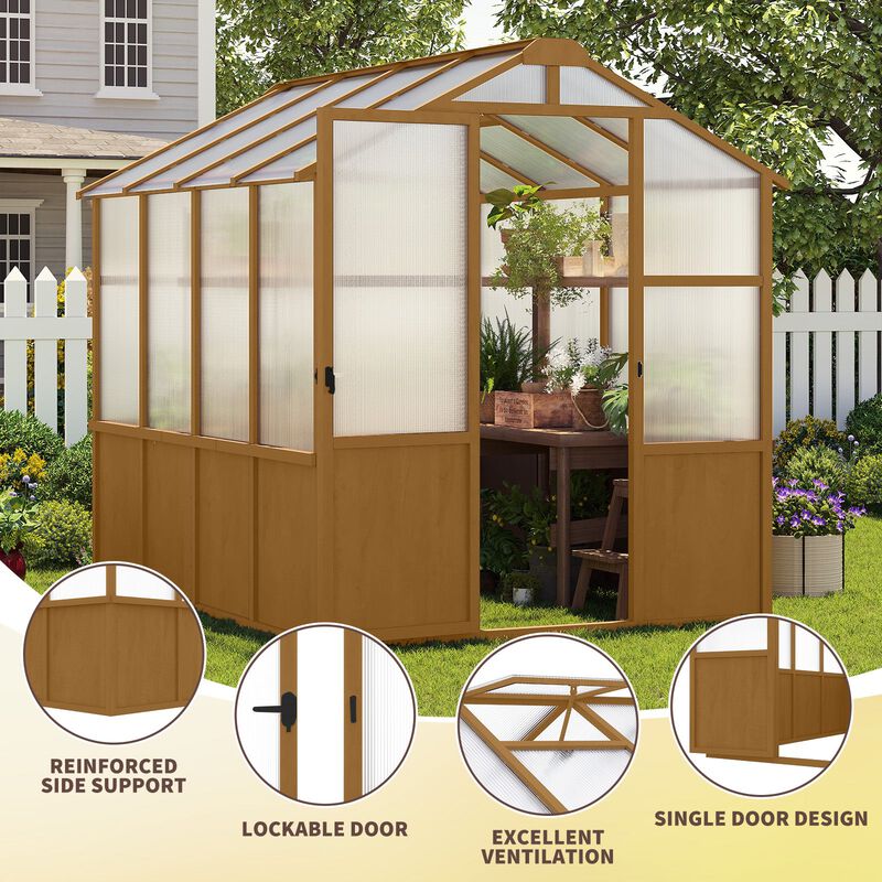 6x8 FT Greenhouse, Wooden Walk-in Greenhouse for Outdoors with Polycarbonate Panel and Adjustable Roof Vents image number 5