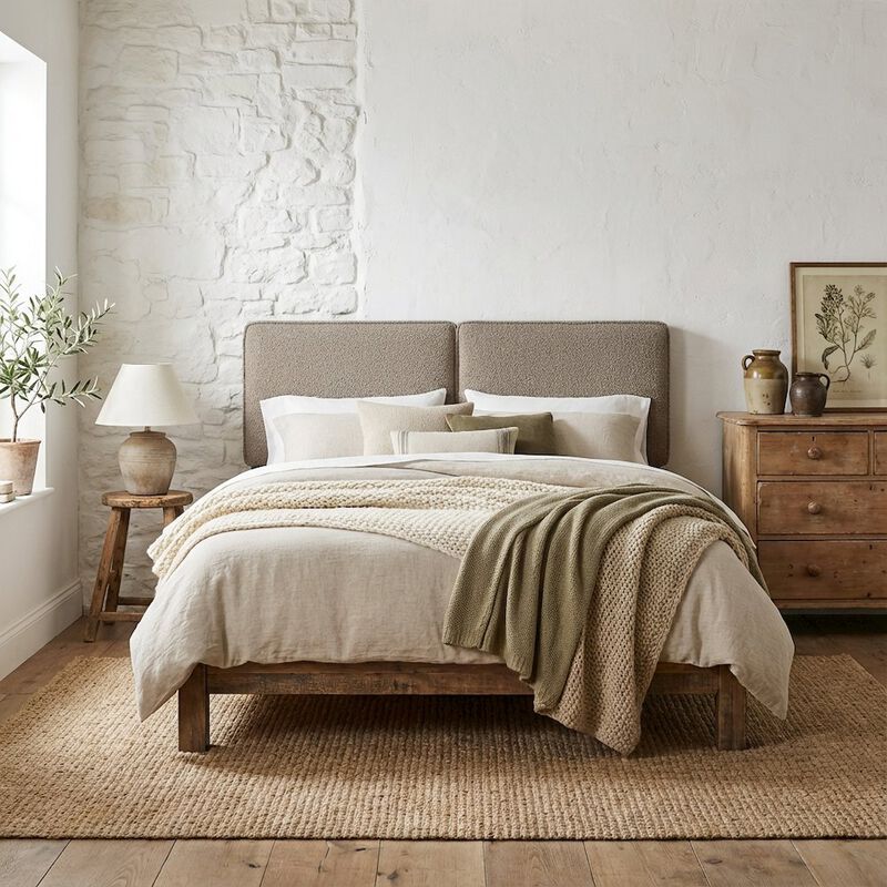 Boucle Fabric Queen Headboard in Soft Neutral with Padded Upholstery image number 2