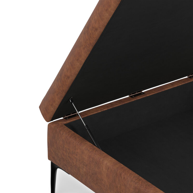 Rebecca 36 inch Wide Contemporary Square Mid&nbsp;Century Coffee Table&nbsp;Storage Ottoman with Lift Up Lid in Distressed Saddle Brown Vegan Faux Leather, Assembled image number 8