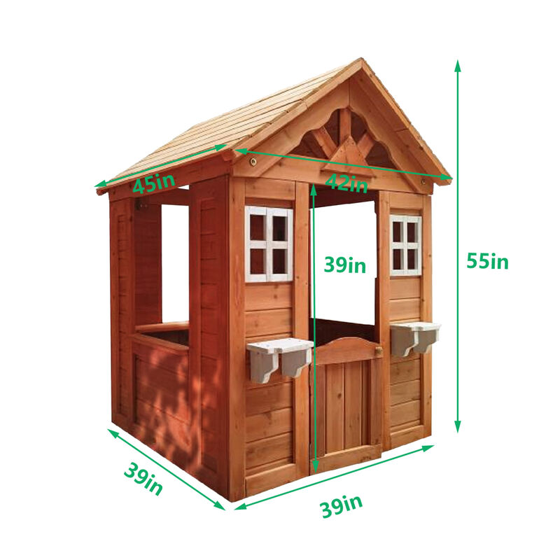 All Wooden Kids Playhouse With 2 Windows And Flower Pot Holder
