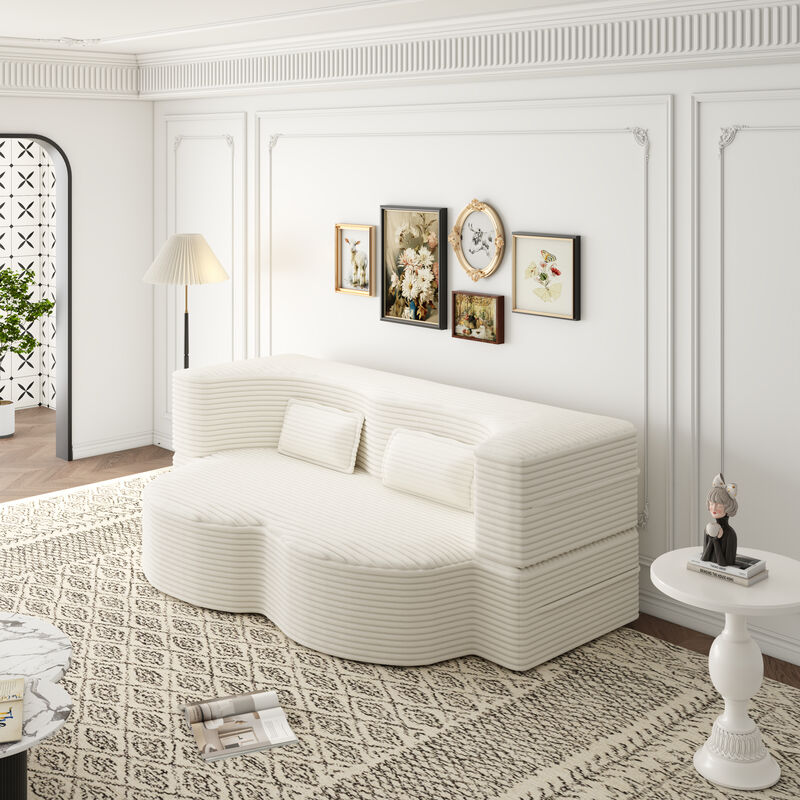 Modern Floor Sofa with 2 Pillows,Convertible Plush Corduroy Foam-Filled Sleeper Sofa image number 2