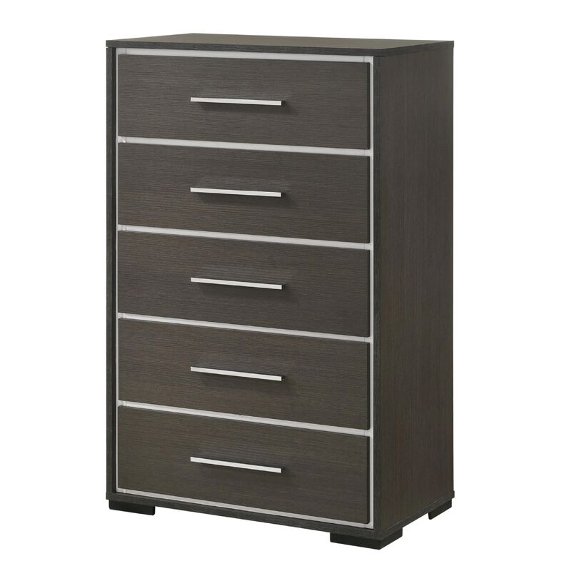 Hez Tall Dresser Chest, 5 Drawers, Silver Trim, Modern Dark Brown Finish