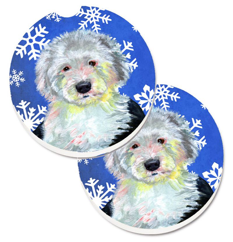 Caroline's Treasures Old English Sheepdog Winter Snowflakes Holiday Set of 2 Cup Holder Car Coasters LH9306CARC, 2.56, Multicolor image number 0