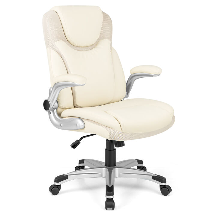 Ergonomic Office PU Leather Executive Chair with Flip-up Armrests and Rocking Function-White
