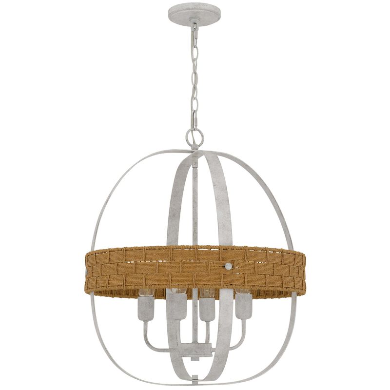 Baty Chandelier, 4 Light Rustic Rattan Round, White Metal 21 Inch - Benzara