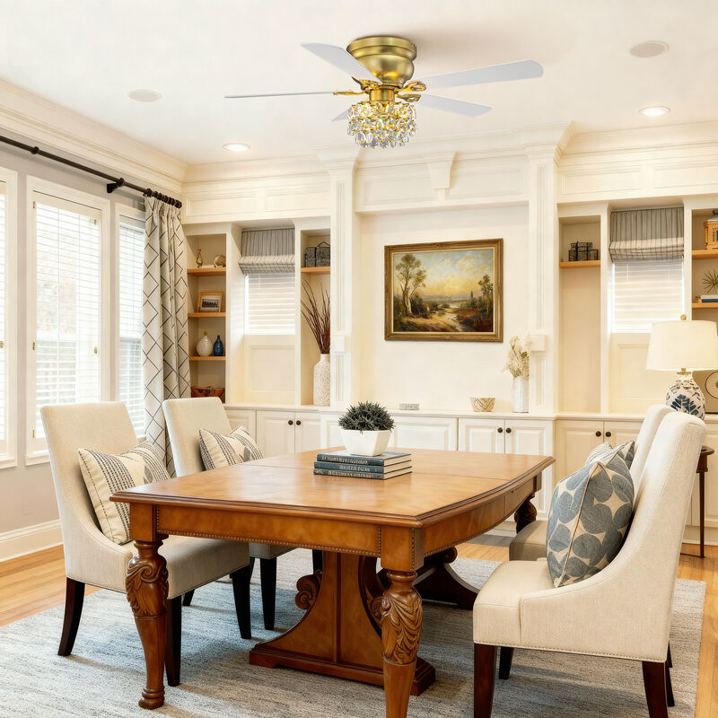 48 in. Soft Brass Crystal Flush Mount Hugger Ceiling Fan with Light and Remote