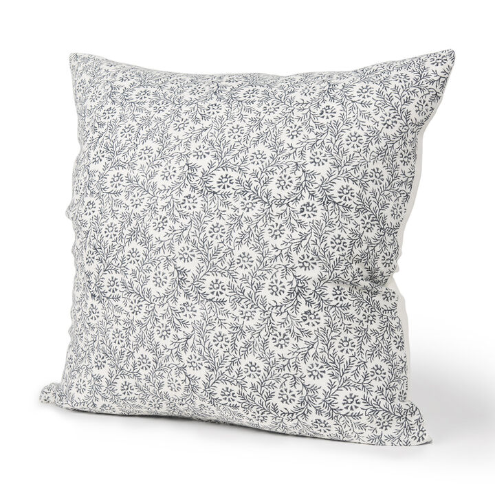 HomeRoots 22" Cream And Indigo Botanical Linen Throw Pillow Cover with Embroidery