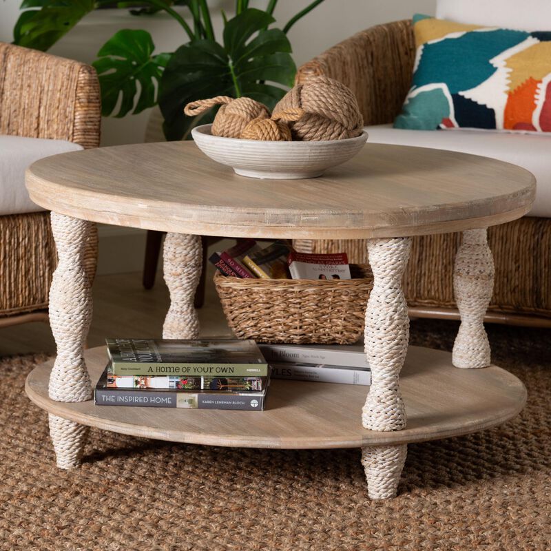 bali & pari Lejane Wood Coffee Table with Seagrass Wrapped Legs - Round Living Room Table with Open Shelf Storage image number 4