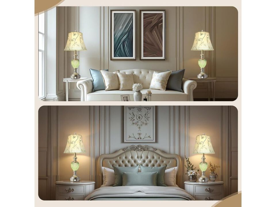 Set of 2 Bedside Table Lamps with Night Light USB Ports Vintage Design