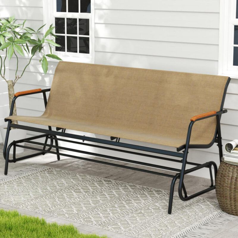 Hivvago Patio Glider Bench with Curved Teak Armrests and Breathable Fabric Seat for 3 People
