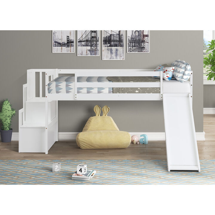 Loft Bed with Staircase, Storage, Slide, Twin size, Full-length Safety Guardrails, No Box Spring Needed, White n