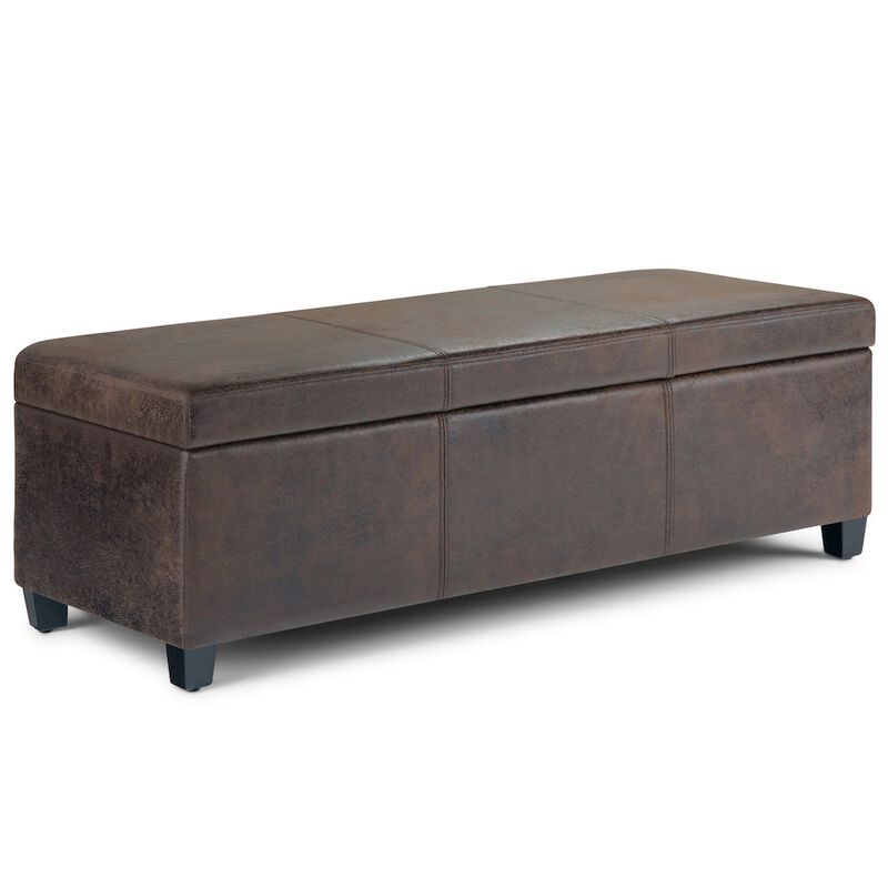 Simpli Home Avalon Storage Ottoman Bench In Distressed Brown Vegan Faux Leather