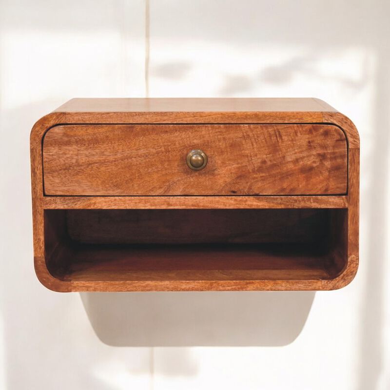 Artisan Furniture Solid Wood Curved Honey Caramel Wall Mounted Bedside with Open Slot image number 1