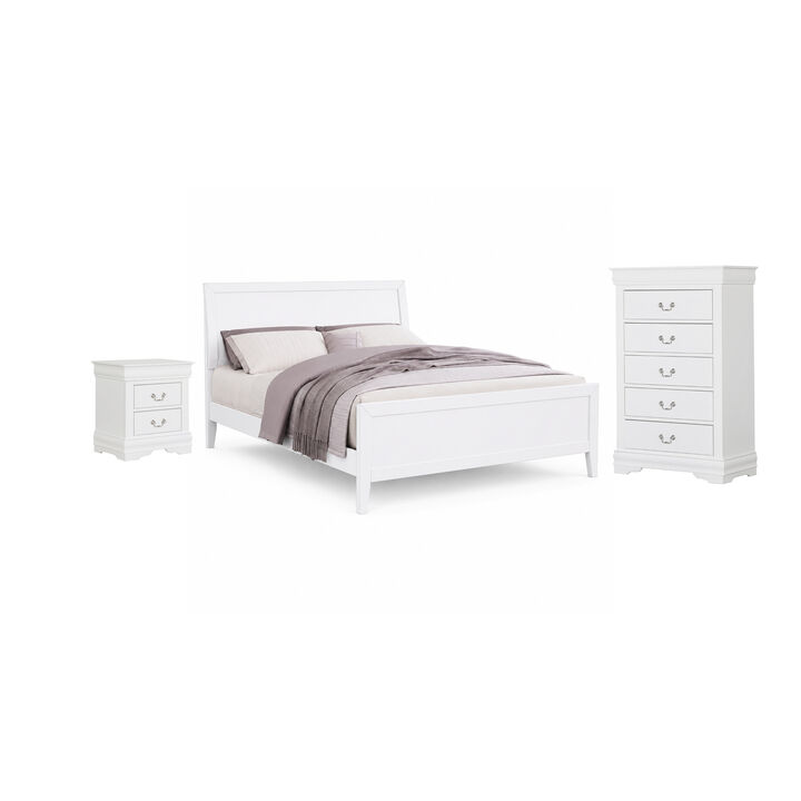 Ry Three Piece Full Size Bedroom Set, Sleek Modern Transitional Style, White