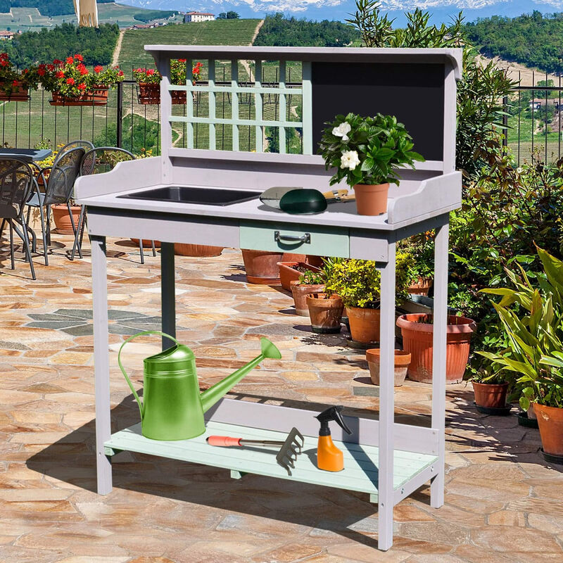 Light Gray Garden Station: Potting Bench with Sink, Blackboard & Storage