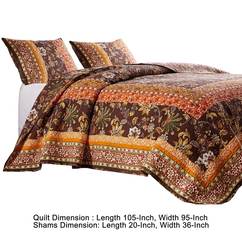 3 Piece King Quilt Set, Bohemian, Jacobean Floral Print, Brown, Orange - Benzara