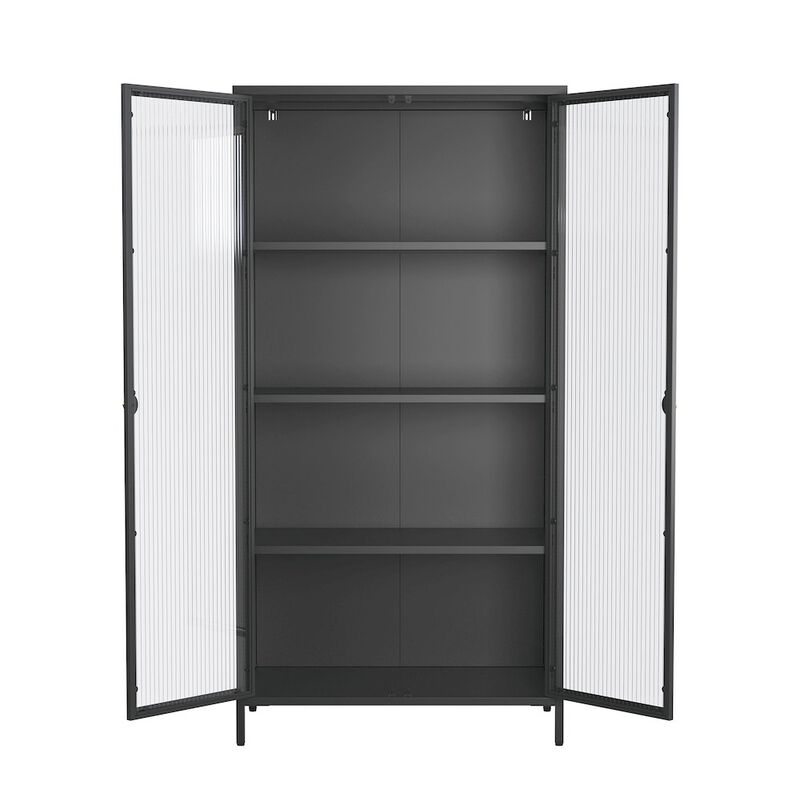 Glamour Home 63.05-inch Black Two Door Storage Cabinet Fluted Clear Doors and Gold Handles