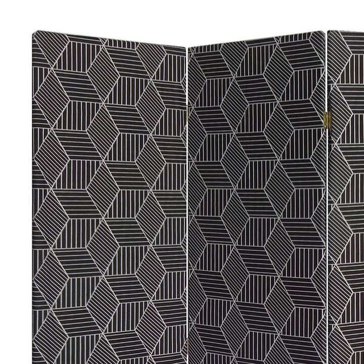 71 Inch 3 Panel Fabric Room Divider with Geometric Print, Black-Benzara