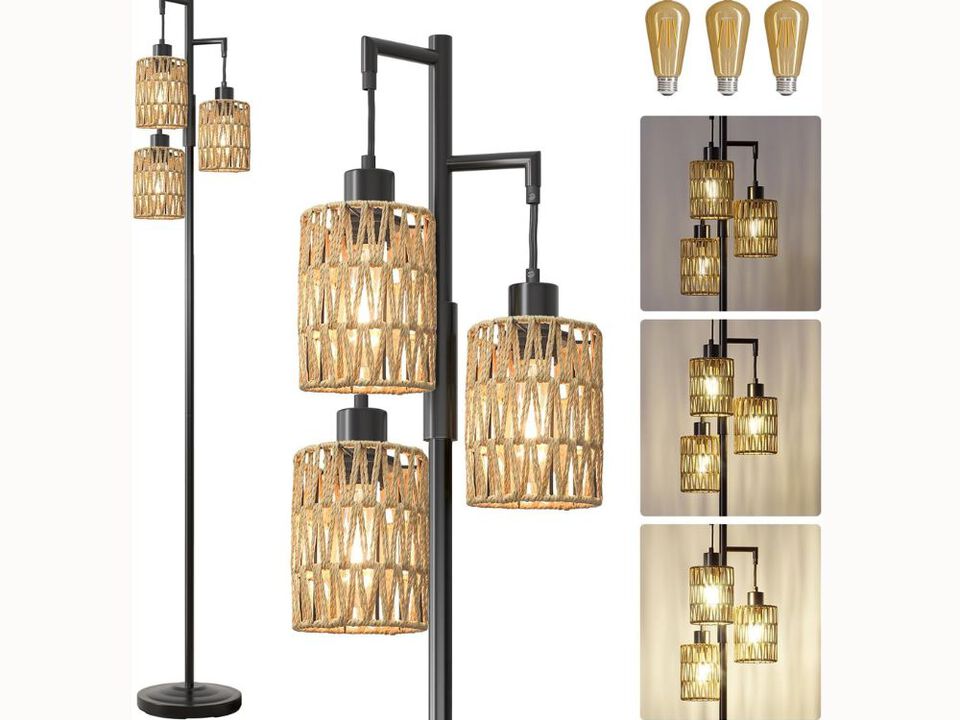 68" Boho Floor Lamp – Stepless Dimmable, 3-Light Tree Design, Matte Black
