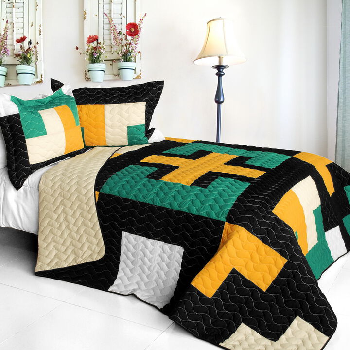 Lightweight 3PC Vermicelli-Quilted Patchwork Quilt Set All-Season Bedspread