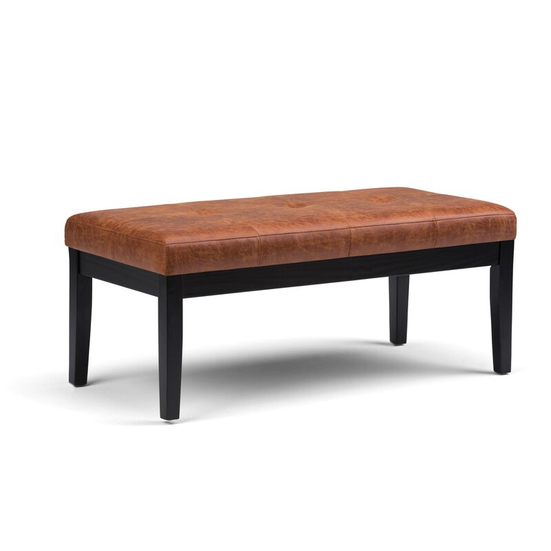 Lacey 43 inch Wide Contemporary Rectangle Tufted Ottoman Bench in Distressed Saddle Brown Faux Air Leather