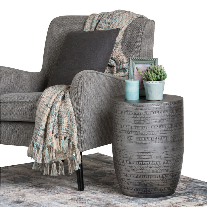 Johnsen 15 inch Wide Tribal Pattern Metal Accent Table in Antique Silver Iron, Assembled