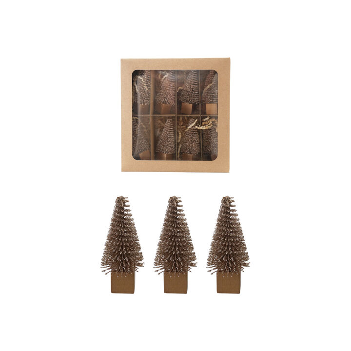 8-Piece Plastic Bottle Brush Trees with Wood Bases, Gold Glitter Finish